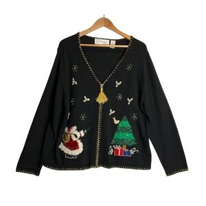 Vintage Sarah Bentley Cardigan Christmas Tree Beaded Santa Teacher Novelty XL